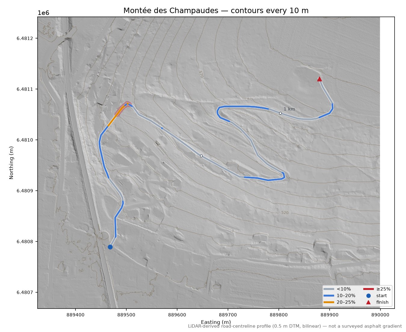 Montée des Champaudes LiDAR hillshade map with contours