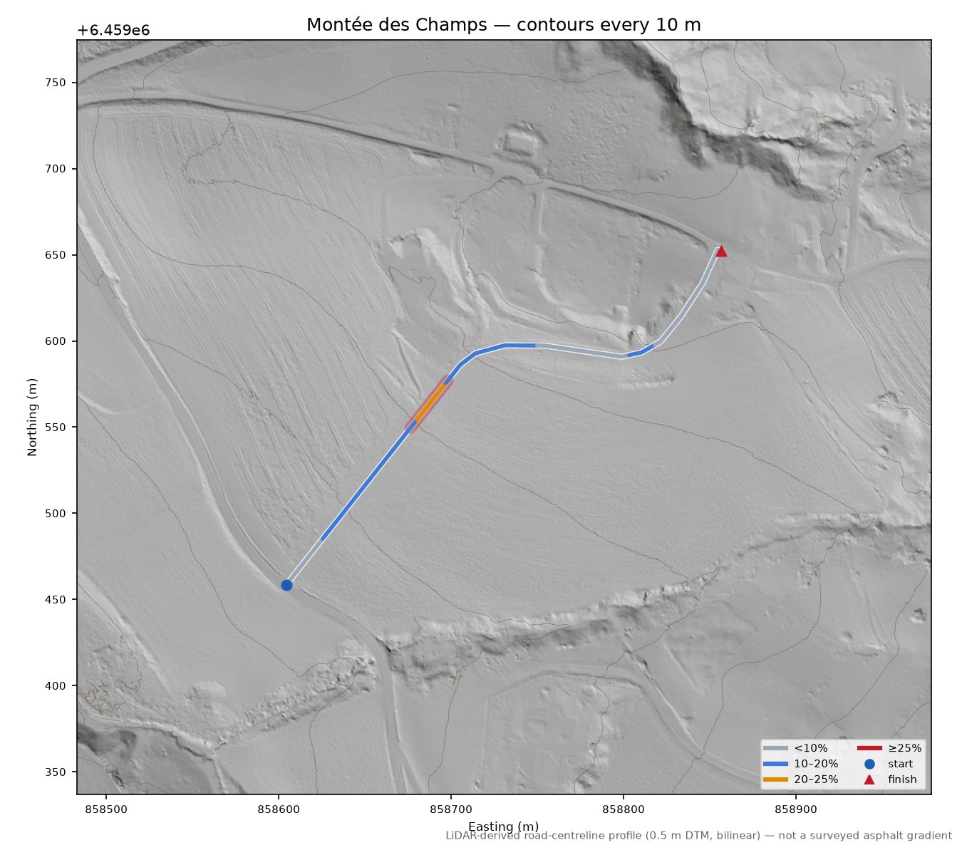 Montée des Champs LiDAR hillshade map with contours