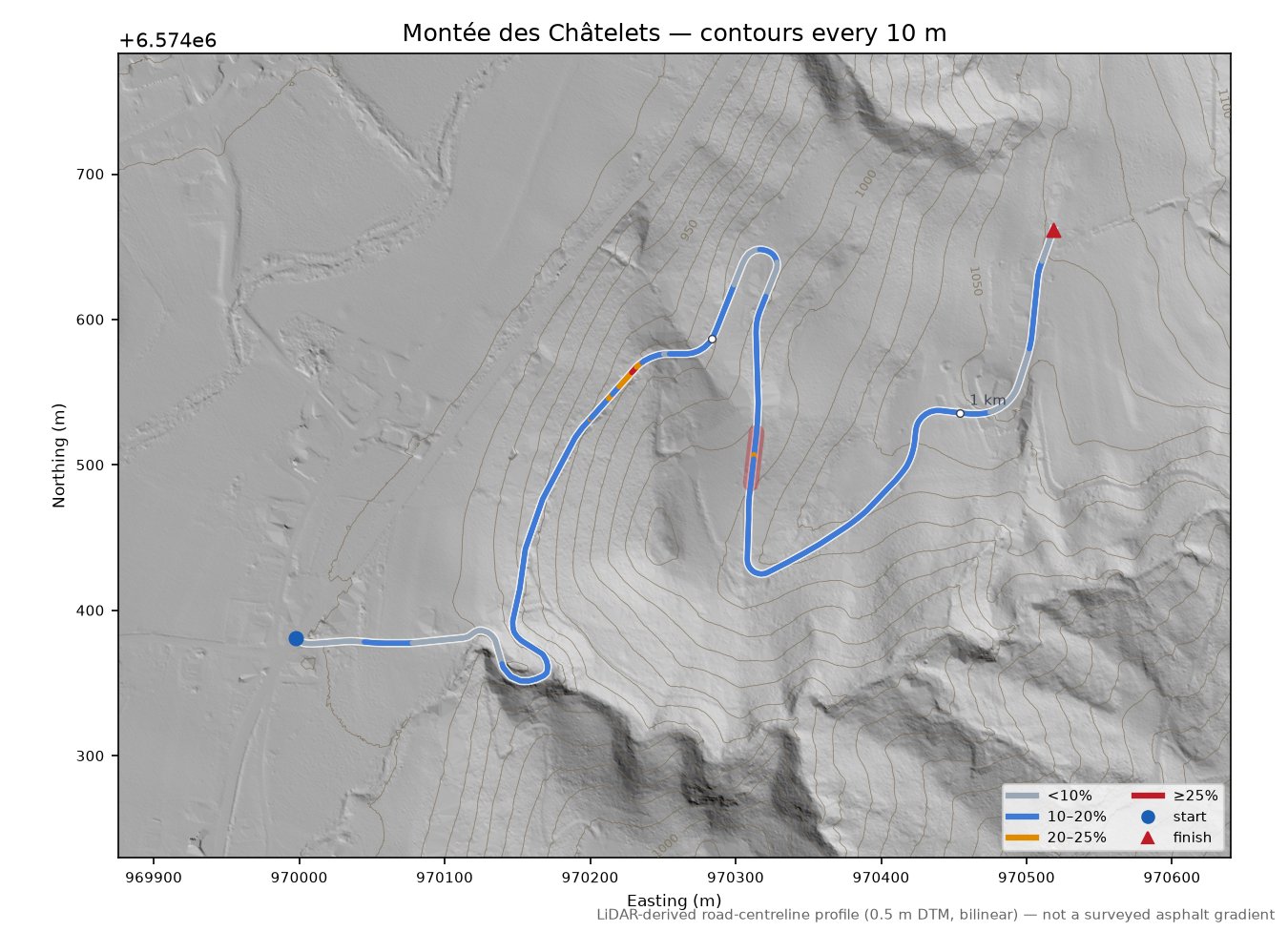 Montée des Châtelets LiDAR hillshade map with contours