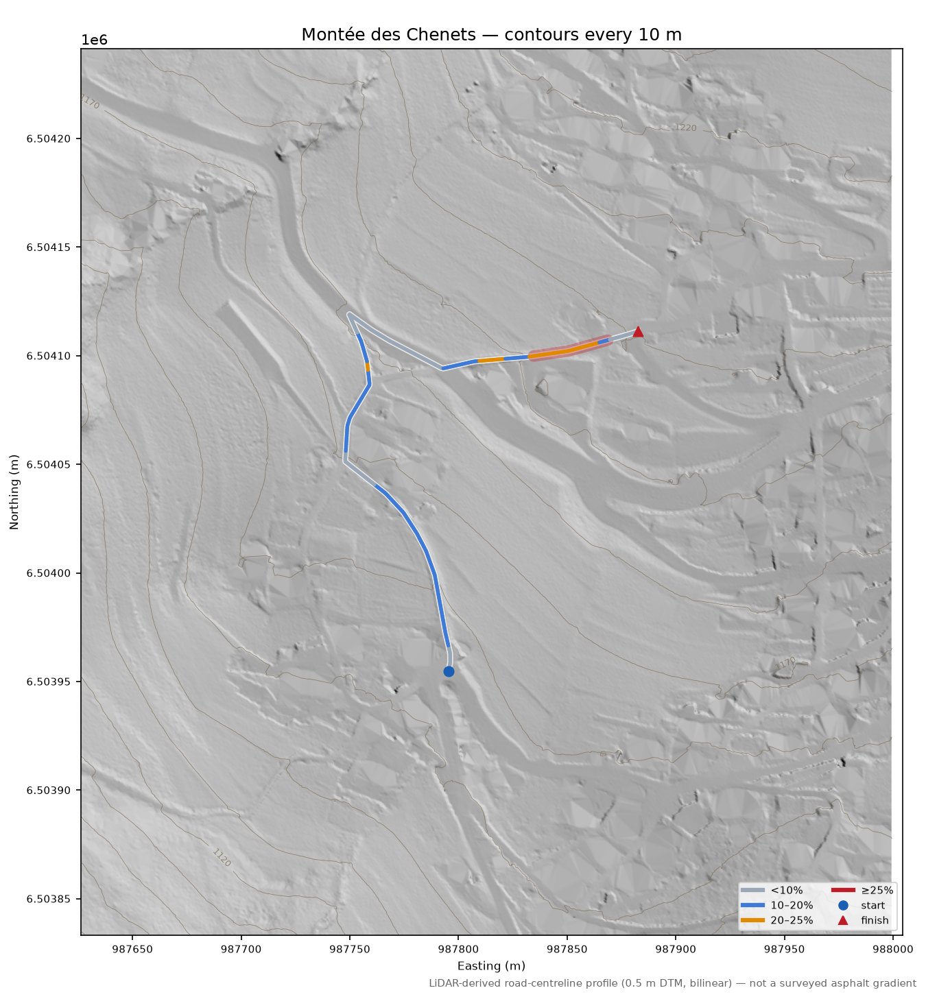 Montée des Chenets LiDAR hillshade map with contours