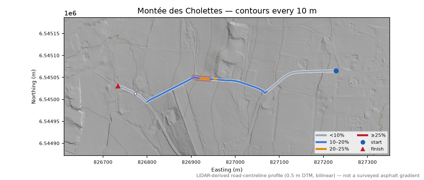 Montée des Cholettes LiDAR hillshade map with contours