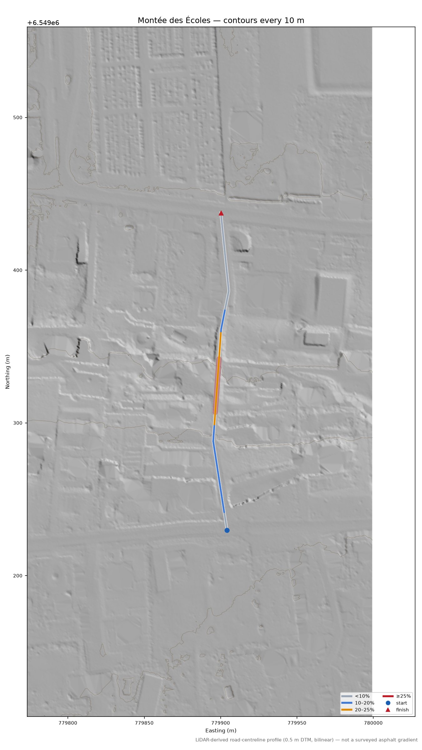 Montée des Écoles LiDAR hillshade map with contours