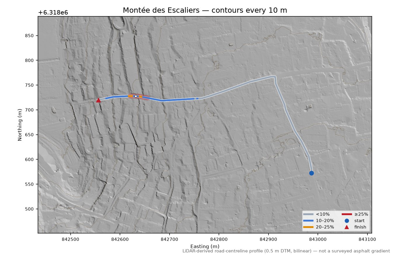 Montée des Escaliers LiDAR hillshade map with contours