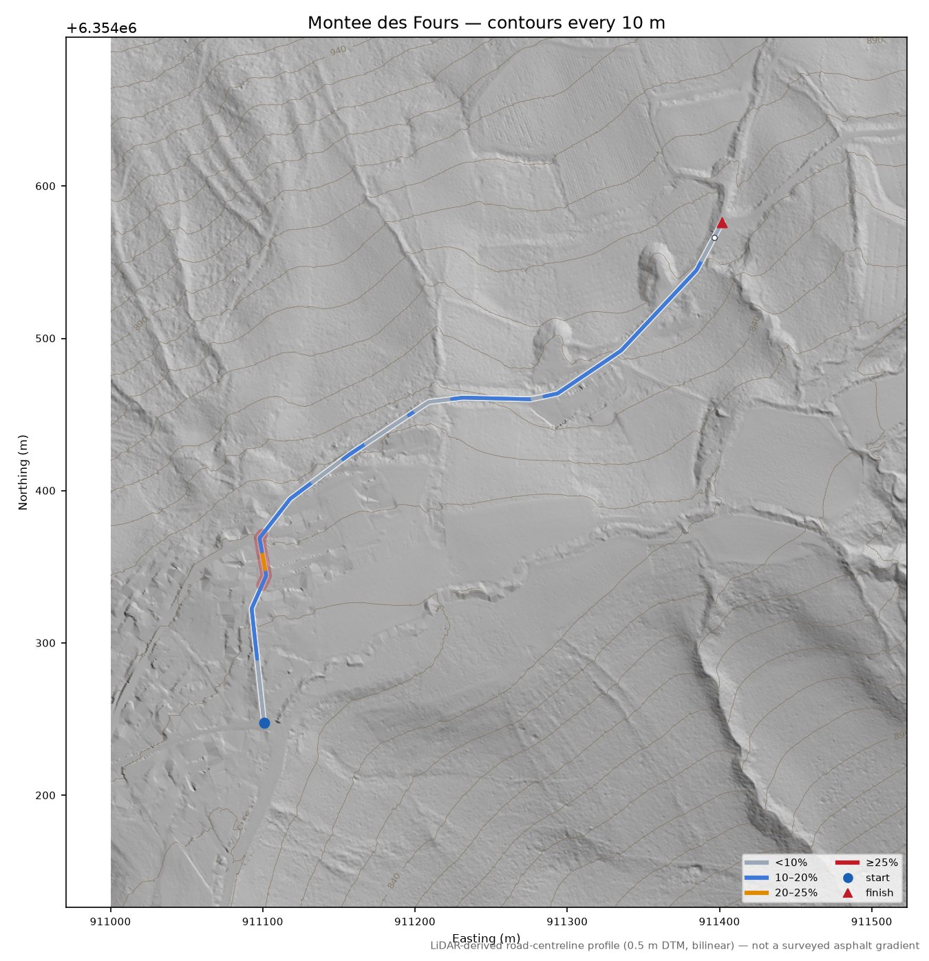 Montee des Fours LiDAR hillshade map with contours