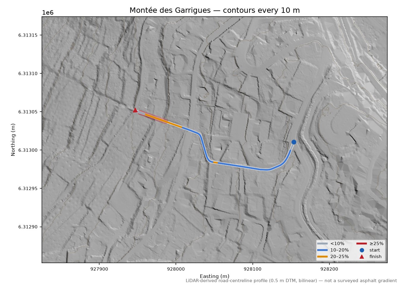 Montée des Garrigues LiDAR hillshade map with contours