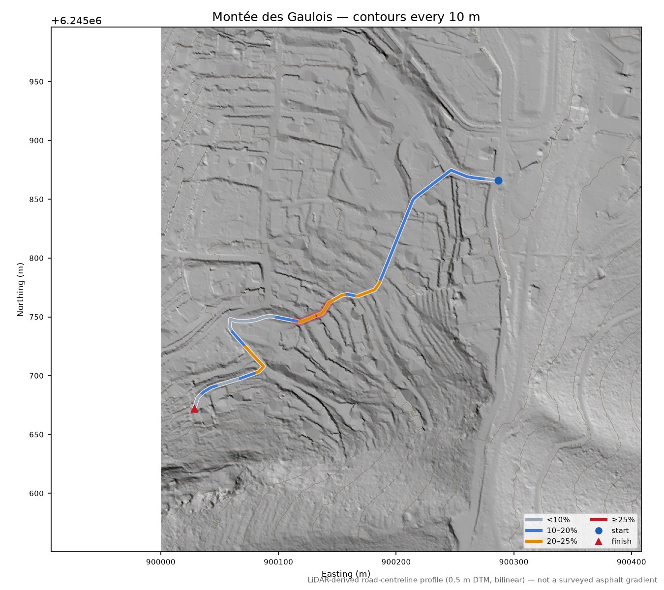 Montée des Gaulois LiDAR hillshade map with contours