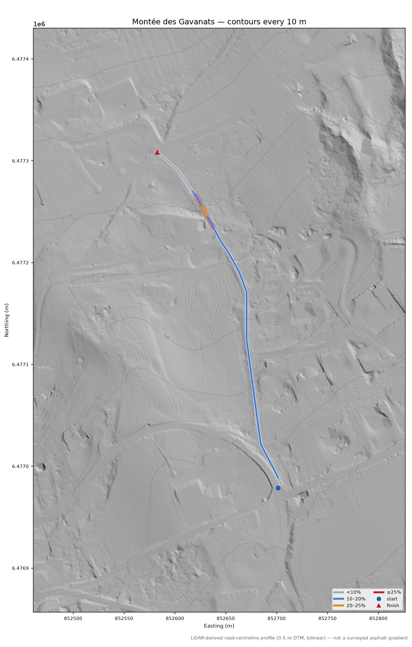 Montée des Gavanats LiDAR hillshade map with contours