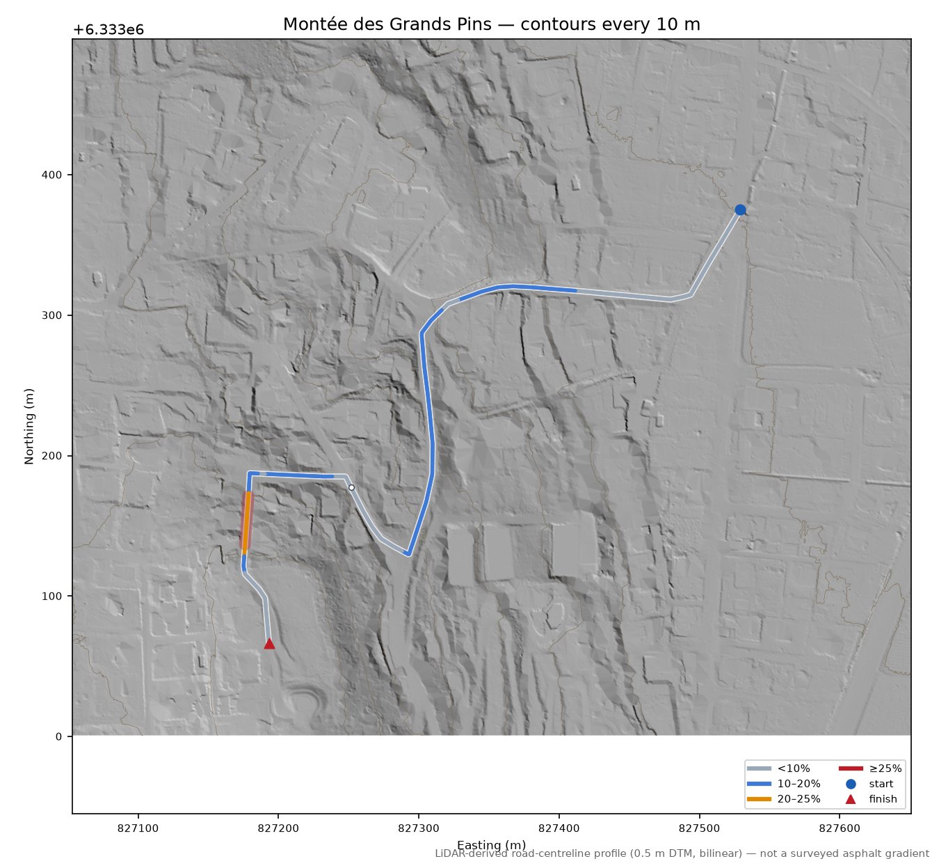 Montée des Grands Pins LiDAR hillshade map with contours