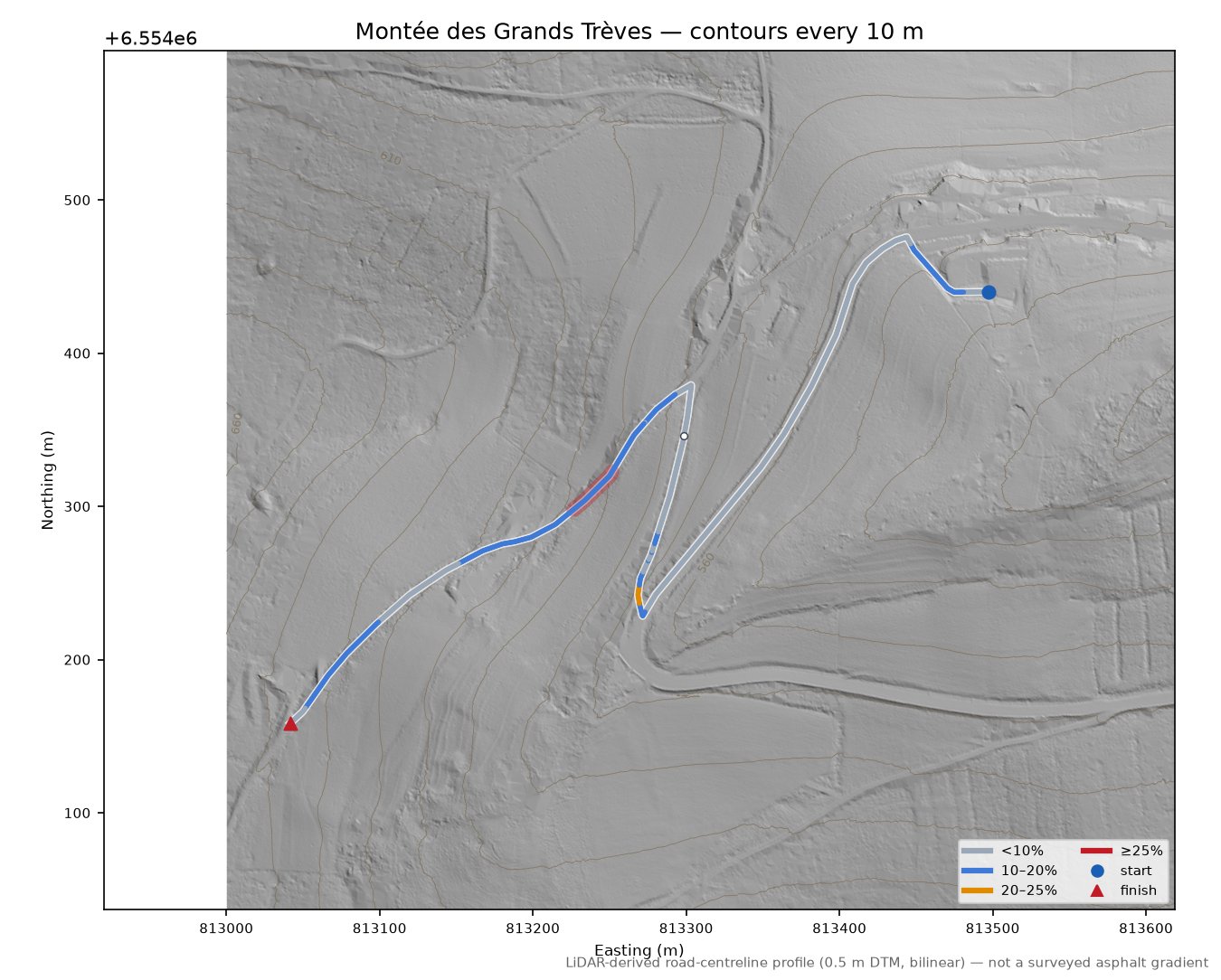 Montée des Grands Trèves LiDAR hillshade map with contours