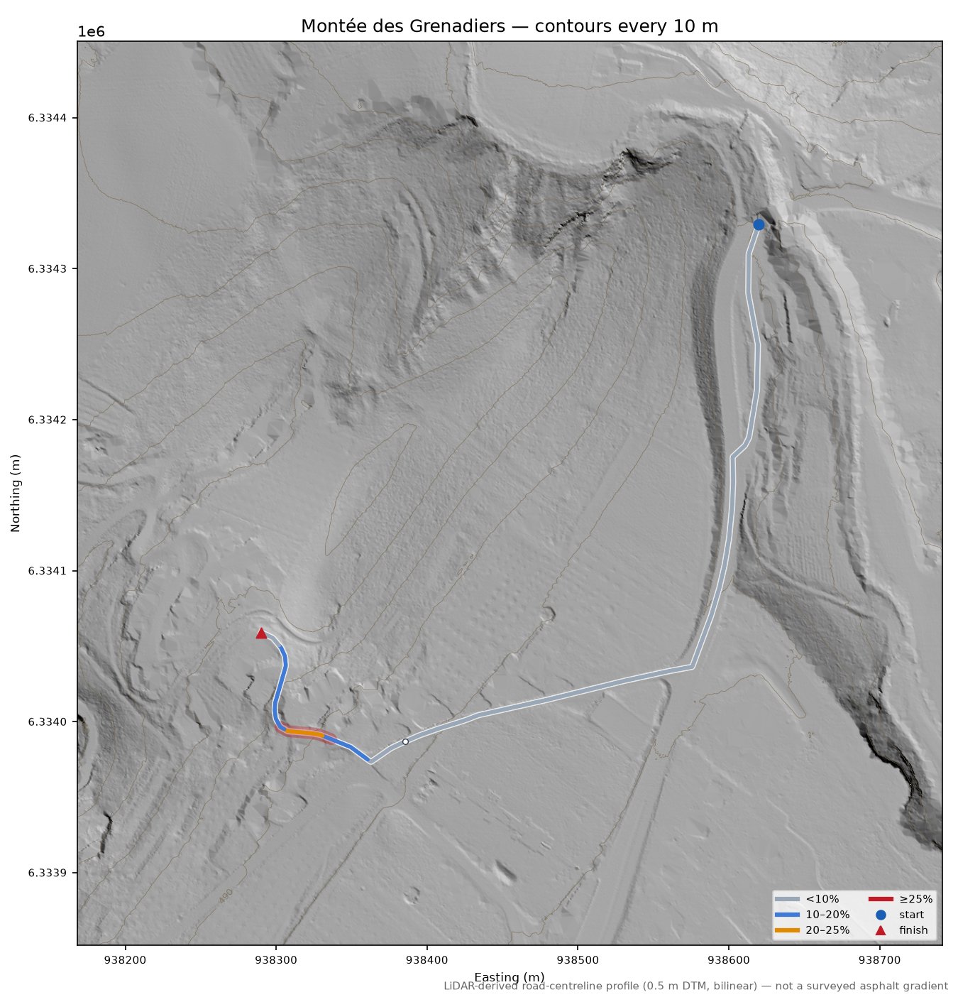 Montée des Grenadiers LiDAR hillshade map with contours