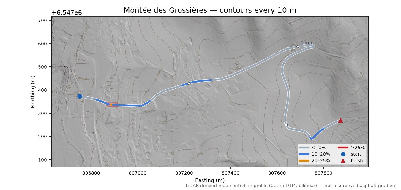 Montée des Grossières LiDAR hillshade map with contours