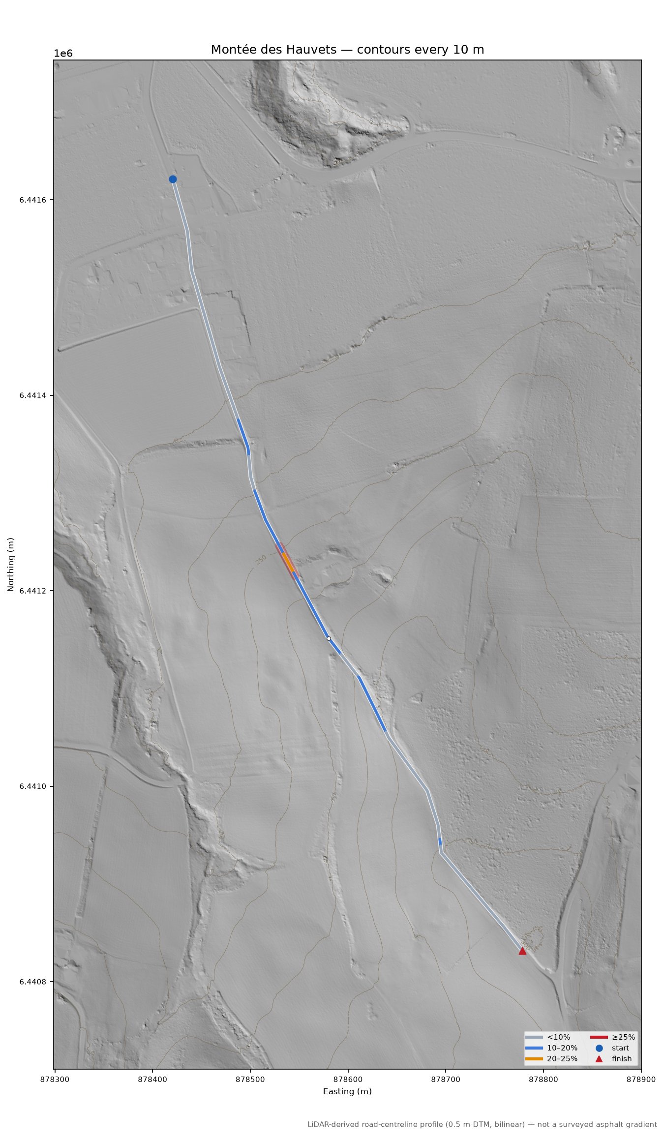 Montée des Hauvets LiDAR hillshade map with contours