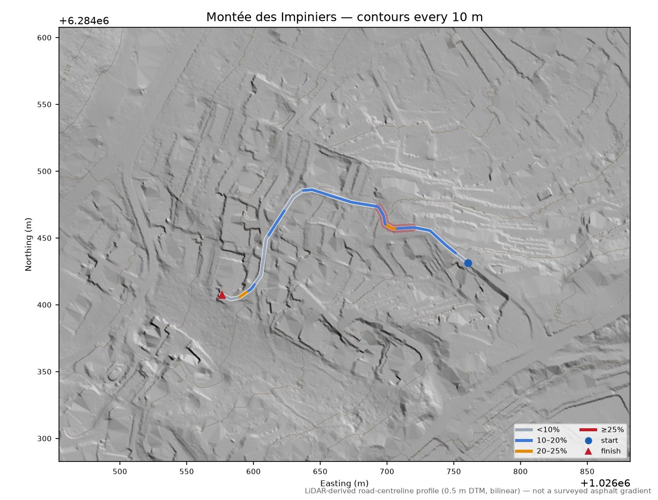 Montée des Impiniers LiDAR hillshade map with contours