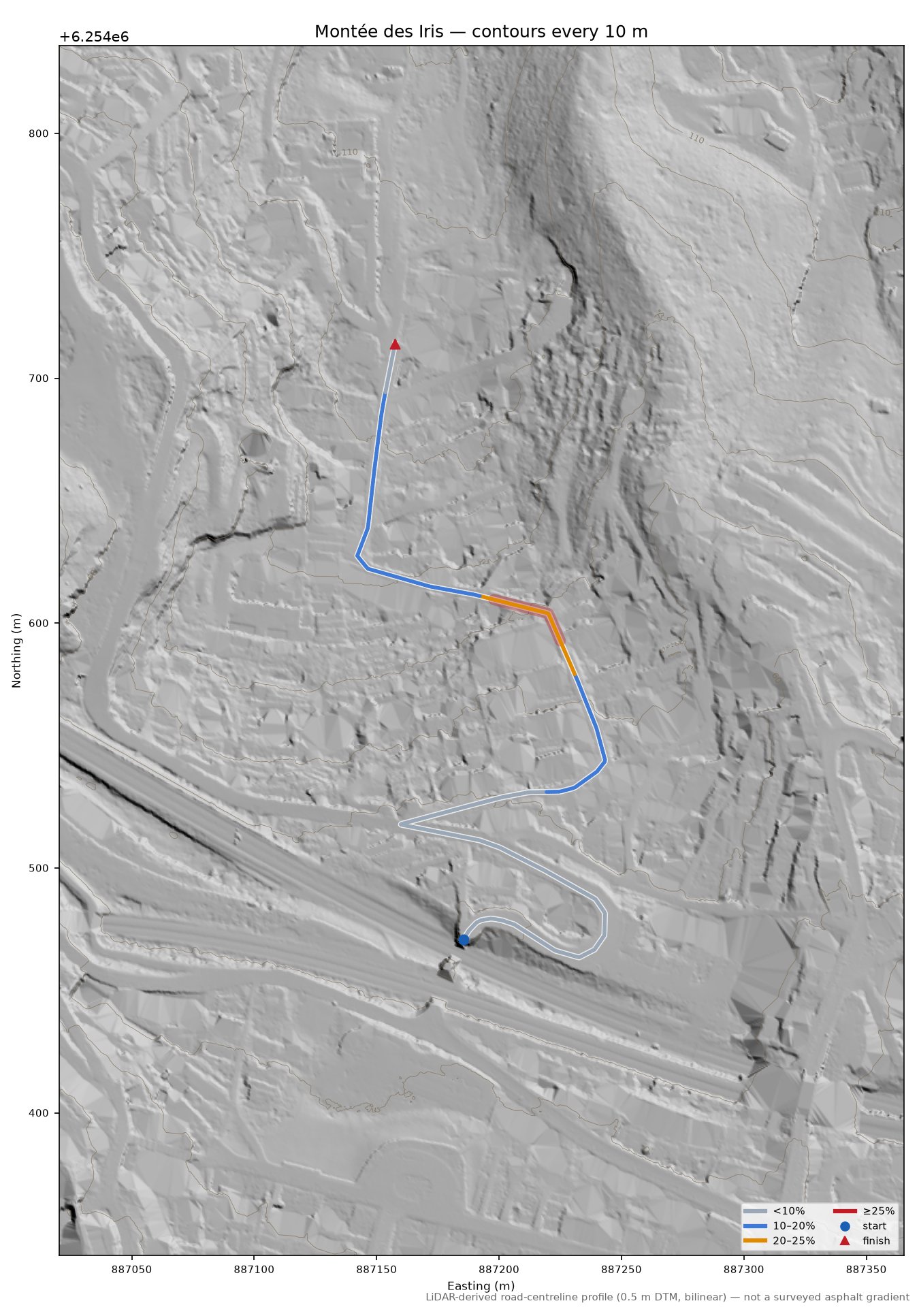 Montée des Iris LiDAR hillshade map with contours