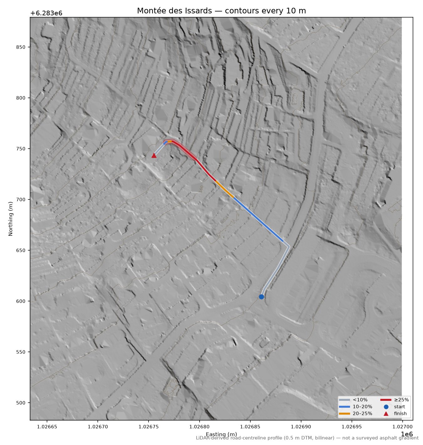 Montée des Issards LiDAR hillshade map with contours