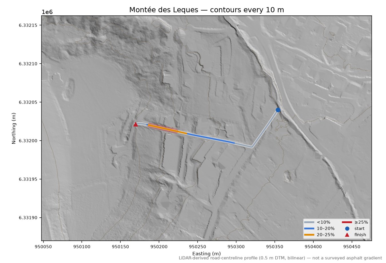 Montée des Leques LiDAR hillshade map with contours