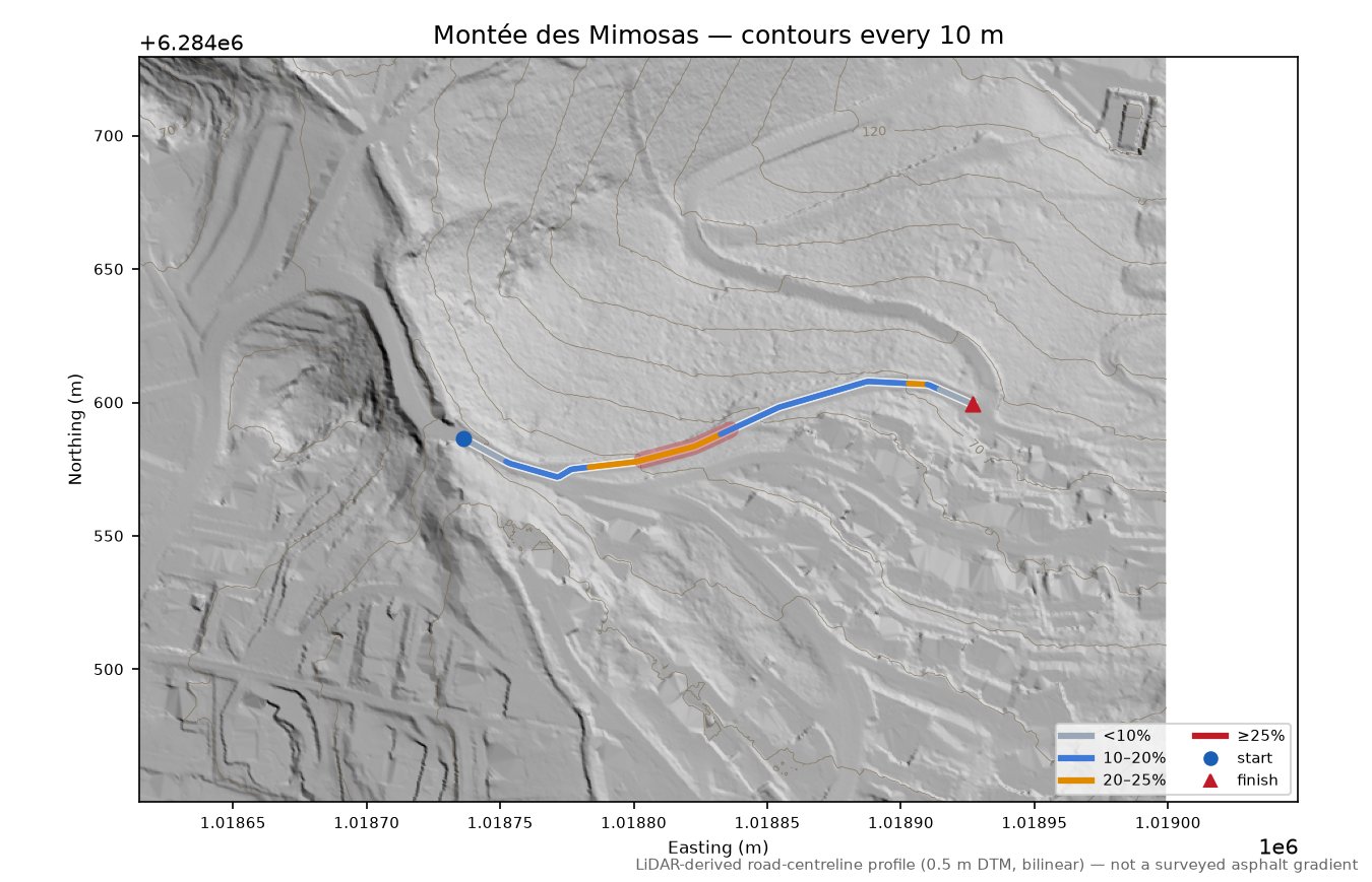 Montée des Mimosas LiDAR hillshade map with contours