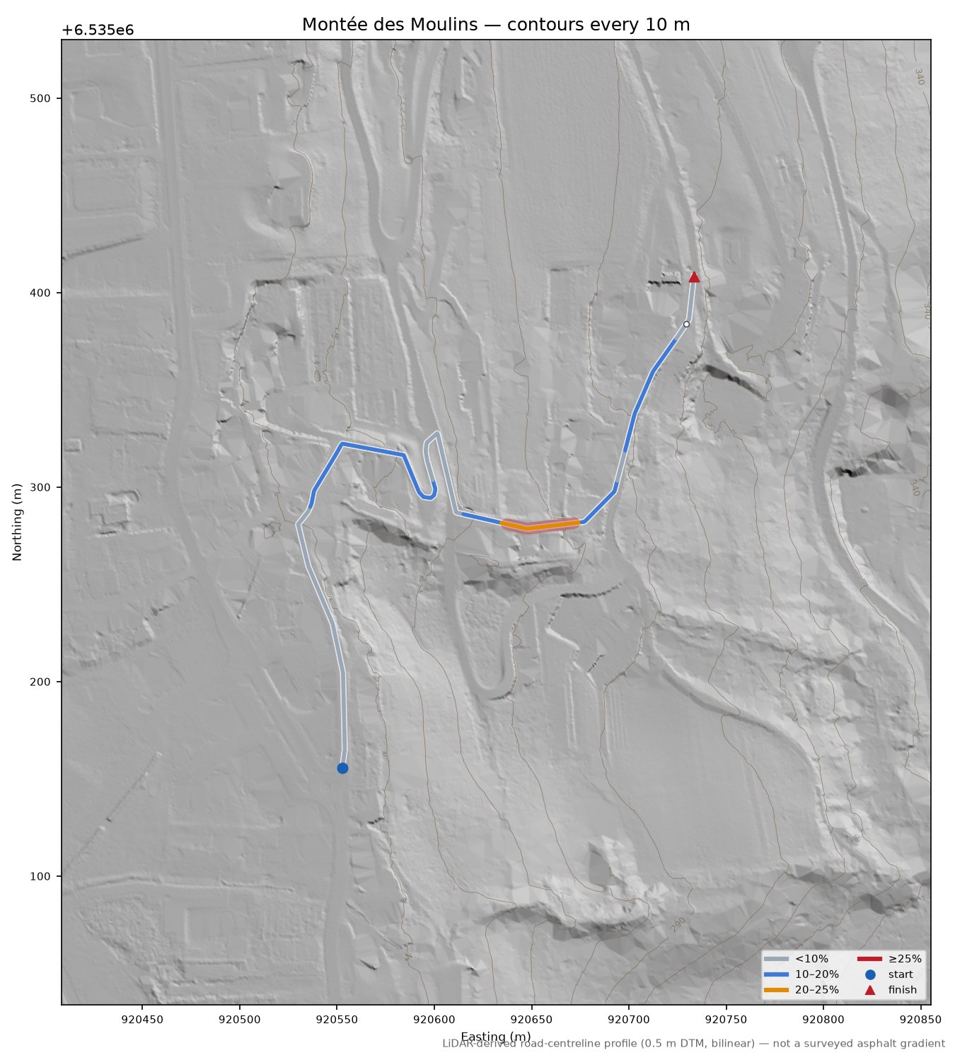 Montée des Moulins LiDAR hillshade map with contours