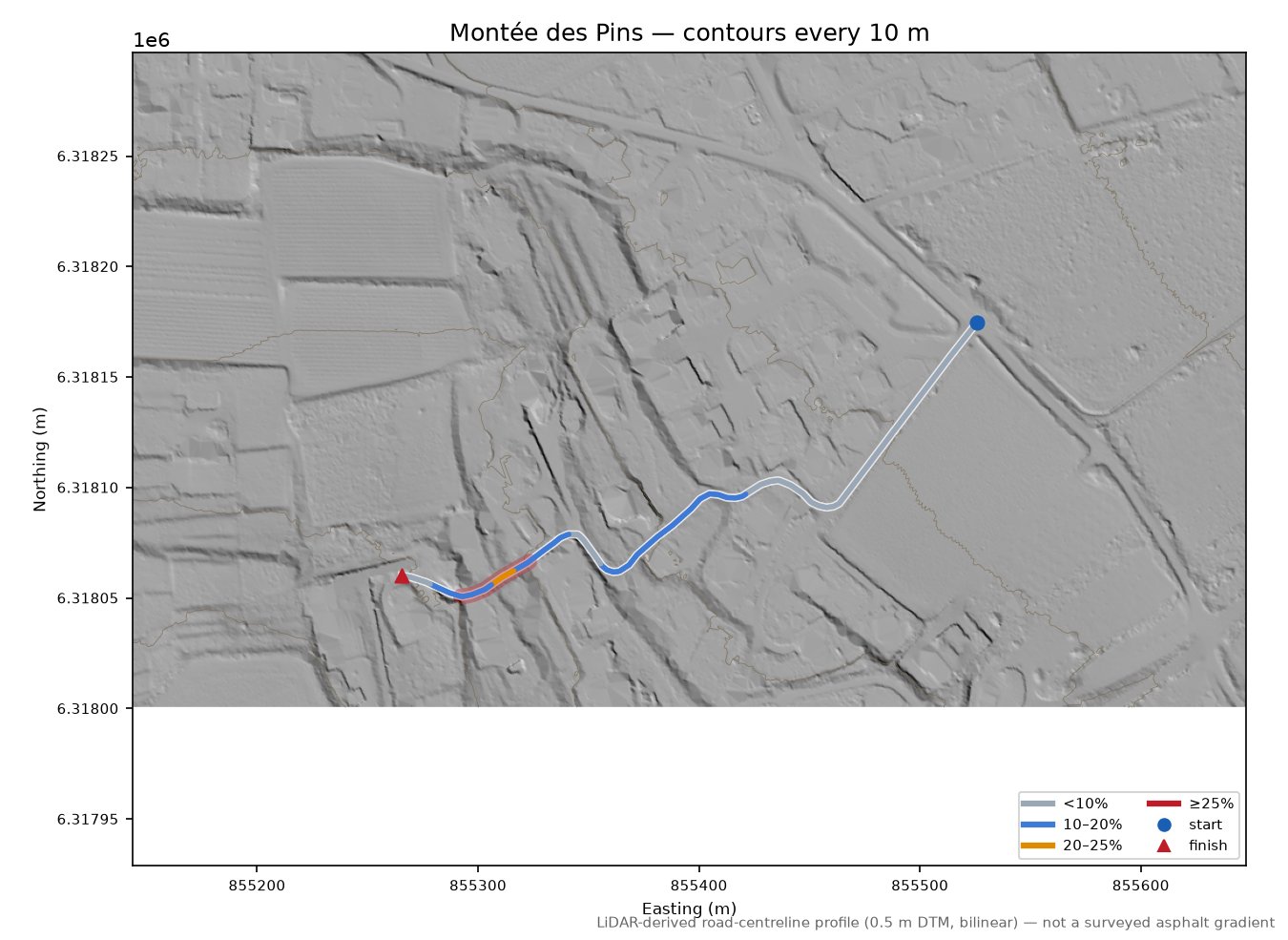 Montée des Pins LiDAR hillshade map with contours