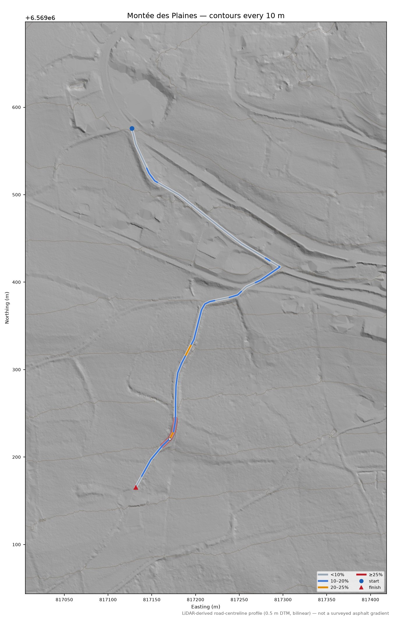 Montée des Plaines LiDAR hillshade map with contours