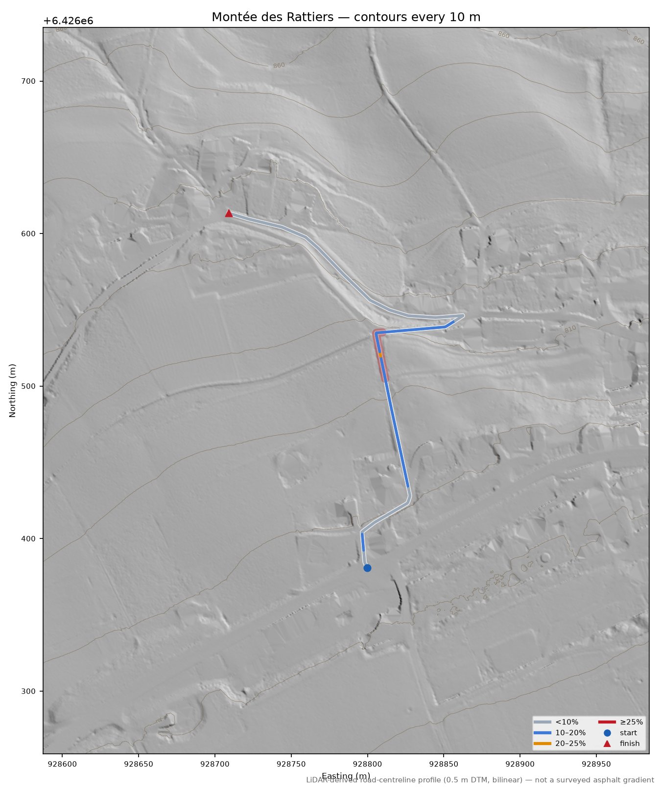 Montée des Rattiers LiDAR hillshade map with contours