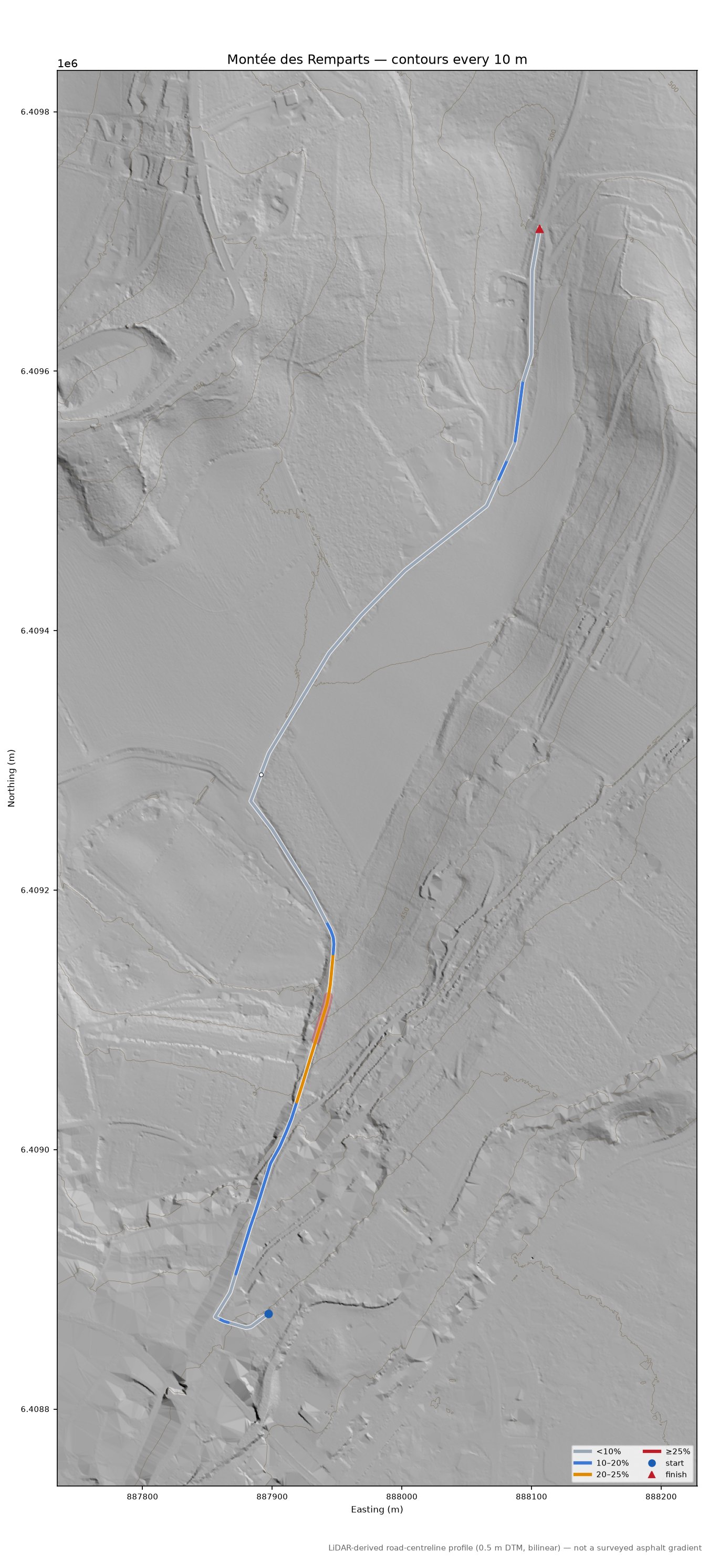 Montée des Remparts LiDAR hillshade map with contours