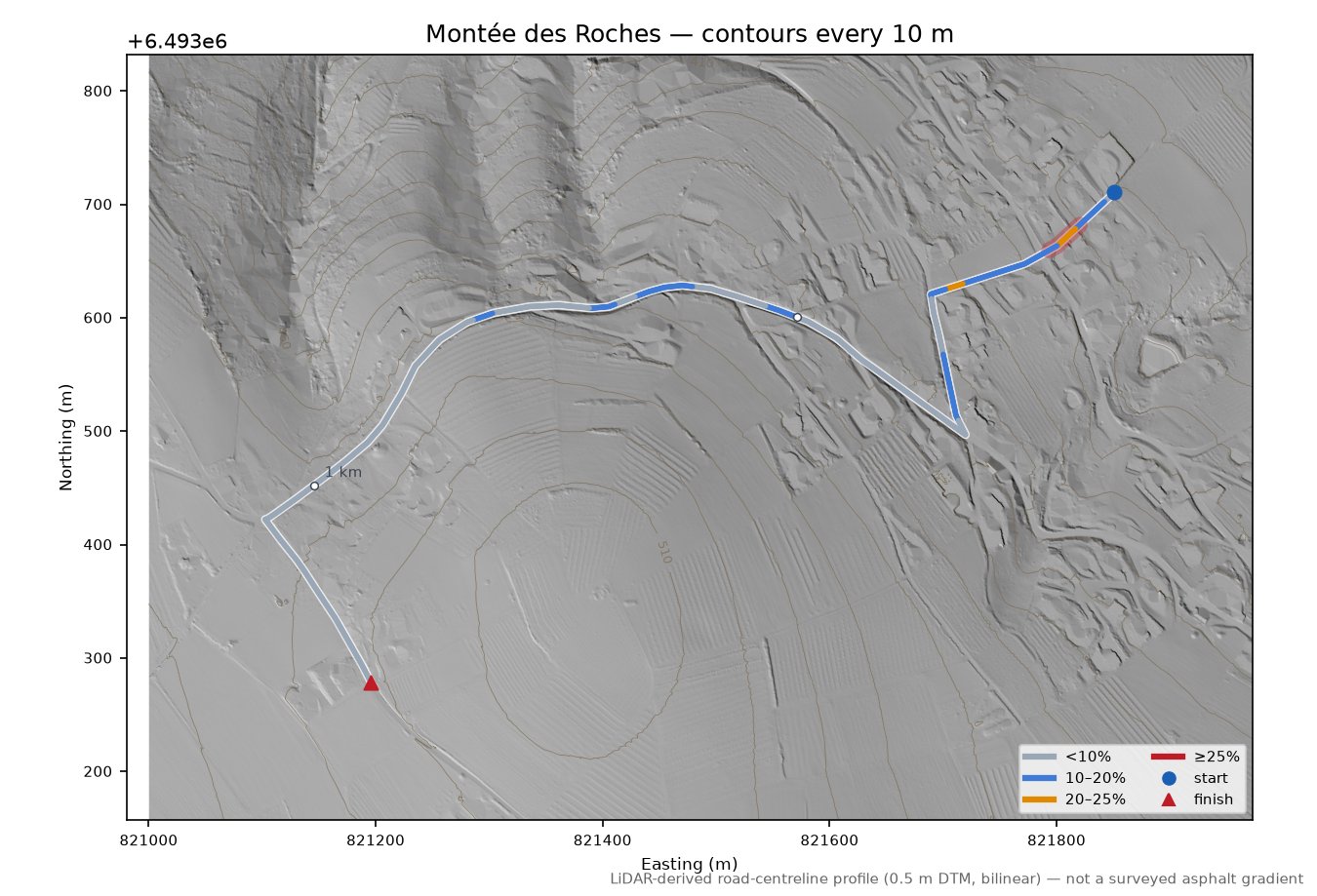 Montée des Roches LiDAR hillshade map with contours