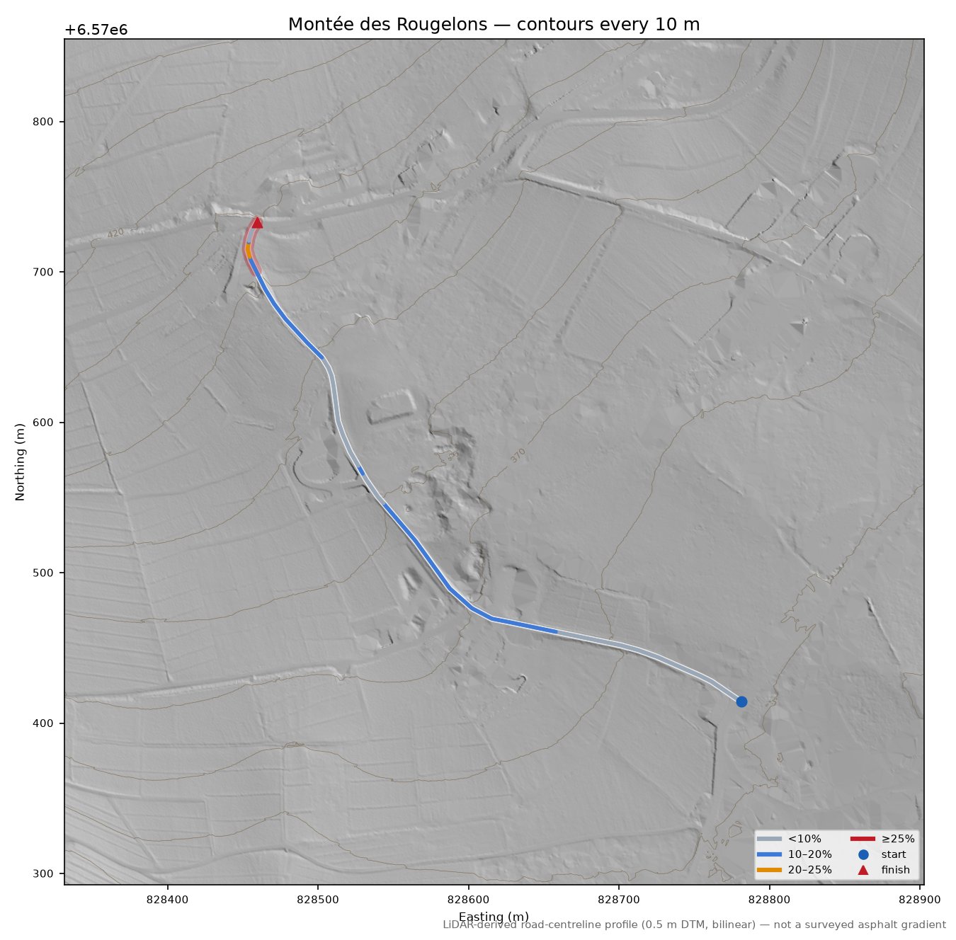 Montée des Rougelons LiDAR hillshade map with contours