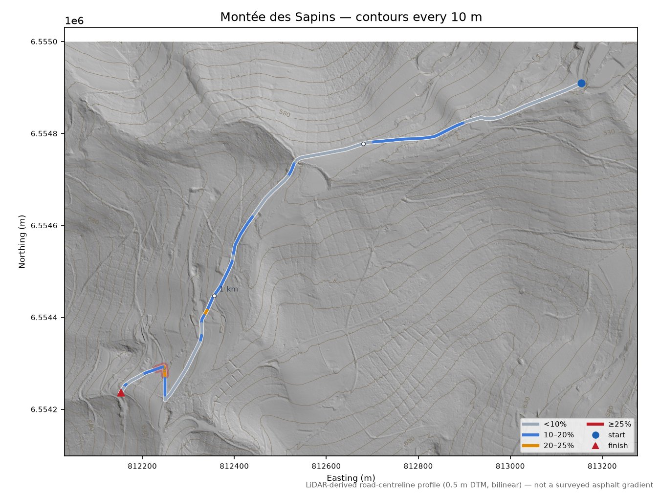 Montée des Sapins LiDAR hillshade map with contours