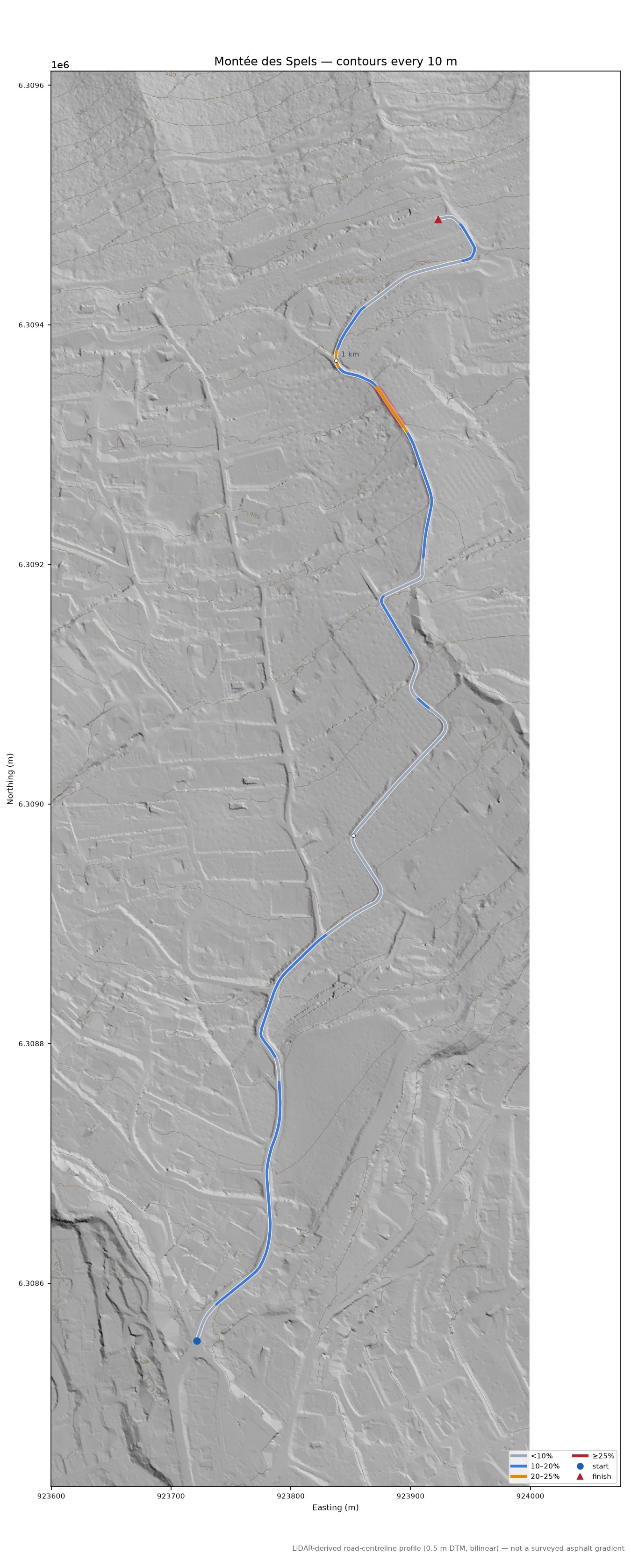 Montée des Spels LiDAR hillshade map with contours