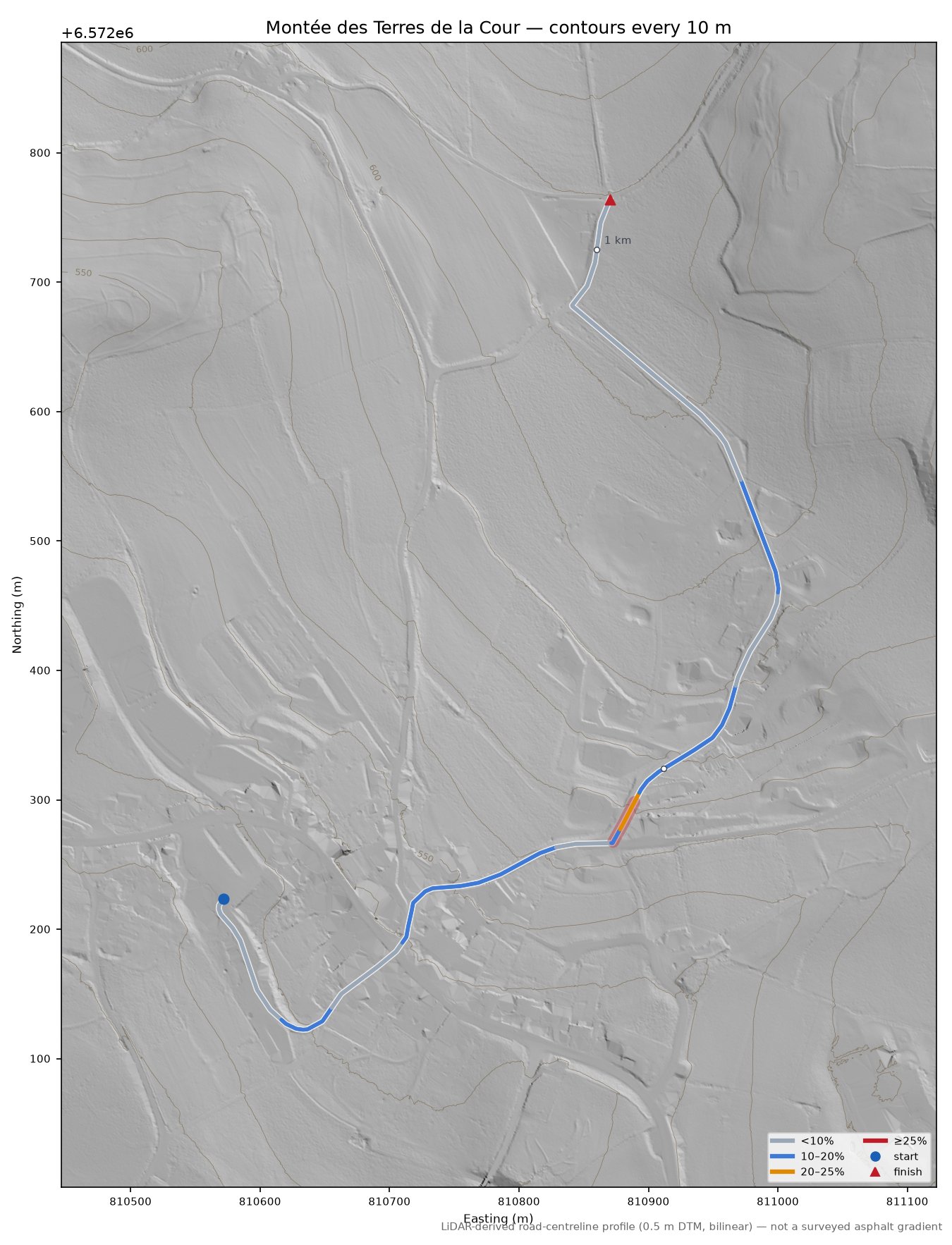 Montée des Terres de la Cour LiDAR hillshade map with contours