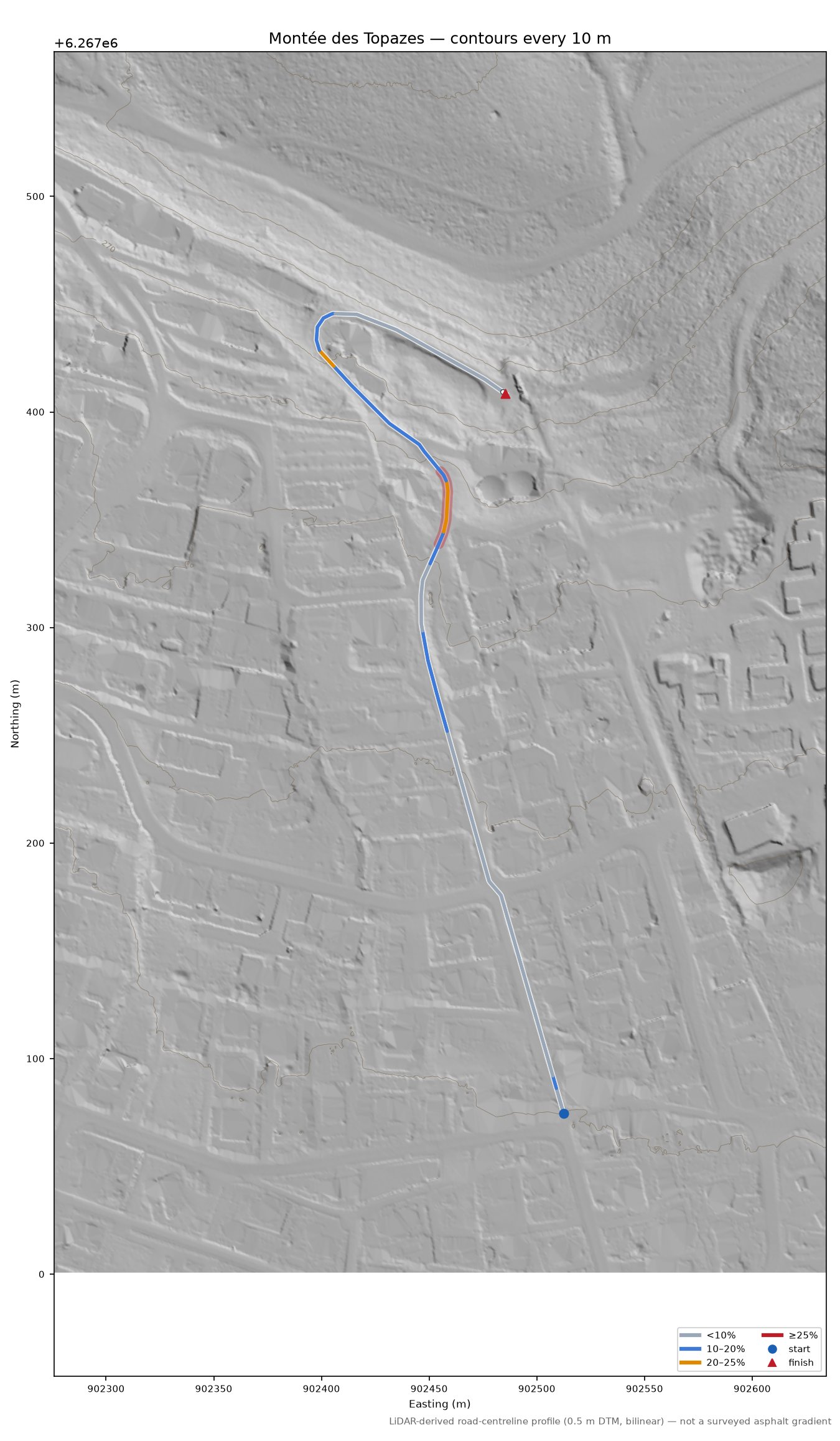 Montée des Topazes LiDAR hillshade map with contours