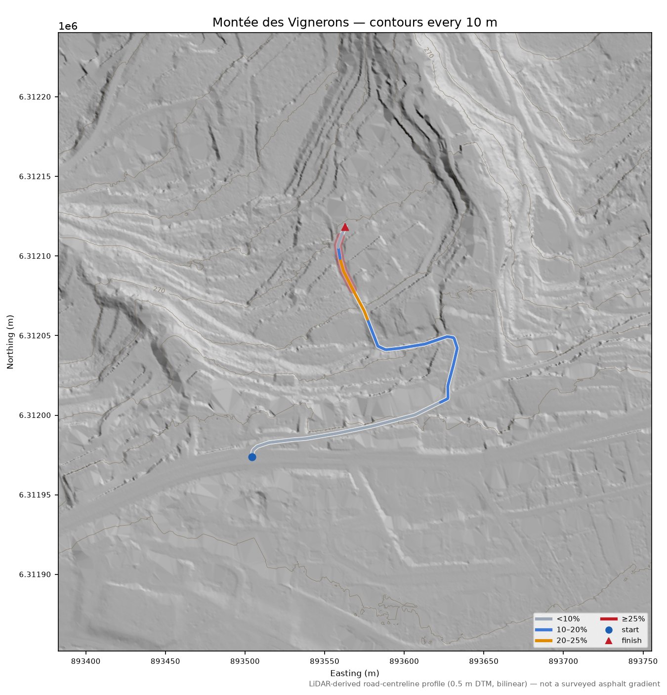 Montée des Vignerons LiDAR hillshade map with contours