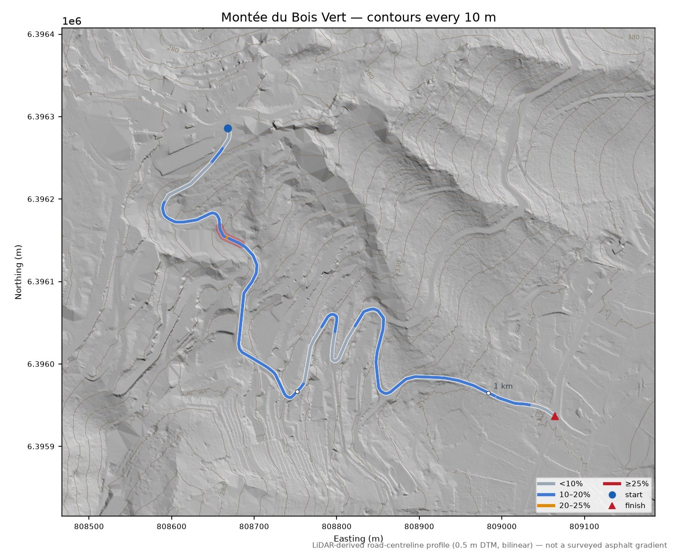 Montée du Bois Vert LiDAR hillshade map with contours