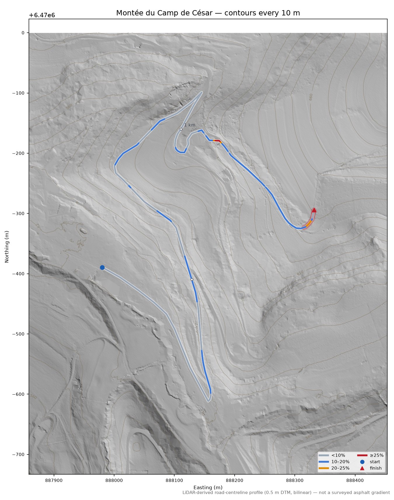 Montée du Camp de César LiDAR hillshade map with contours