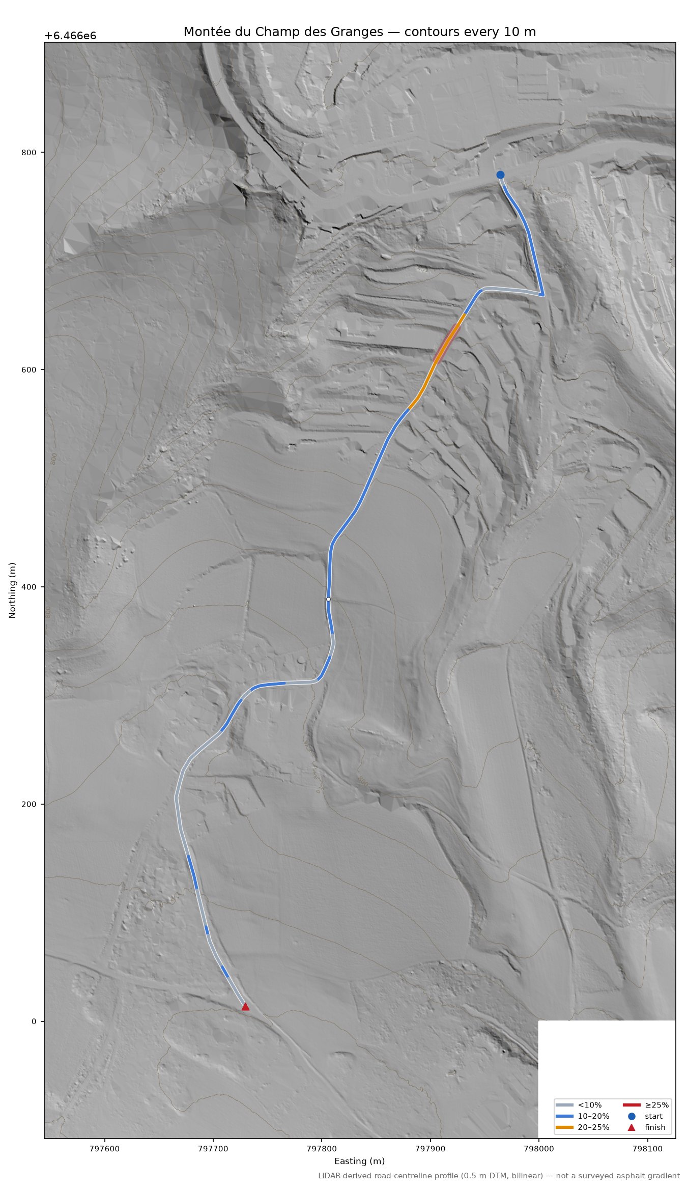 Montée du Champ des Granges LiDAR hillshade map with contours