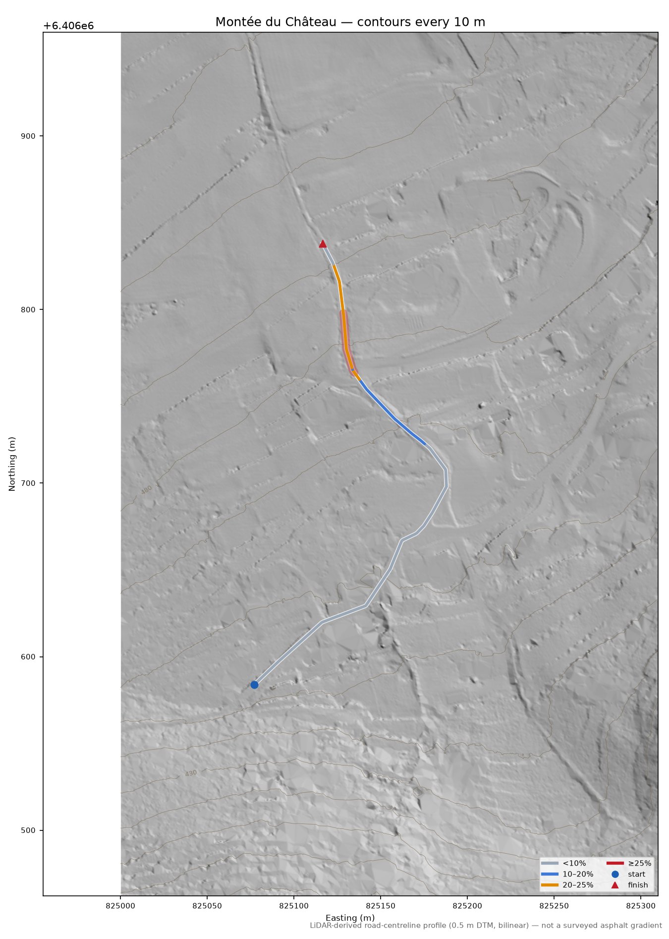 Montée du Château LiDAR hillshade map with contours