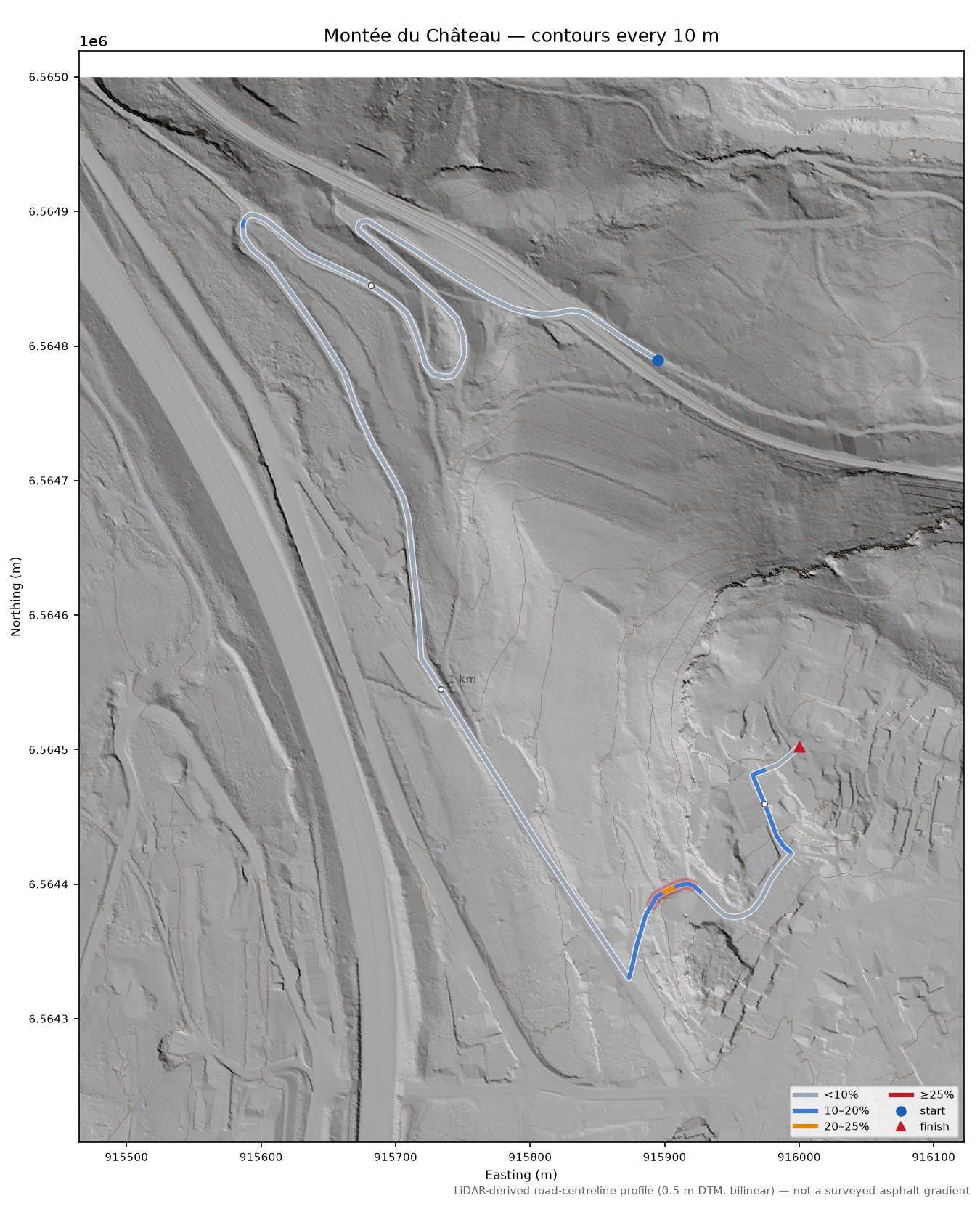 Montée du Château LiDAR hillshade map with contours