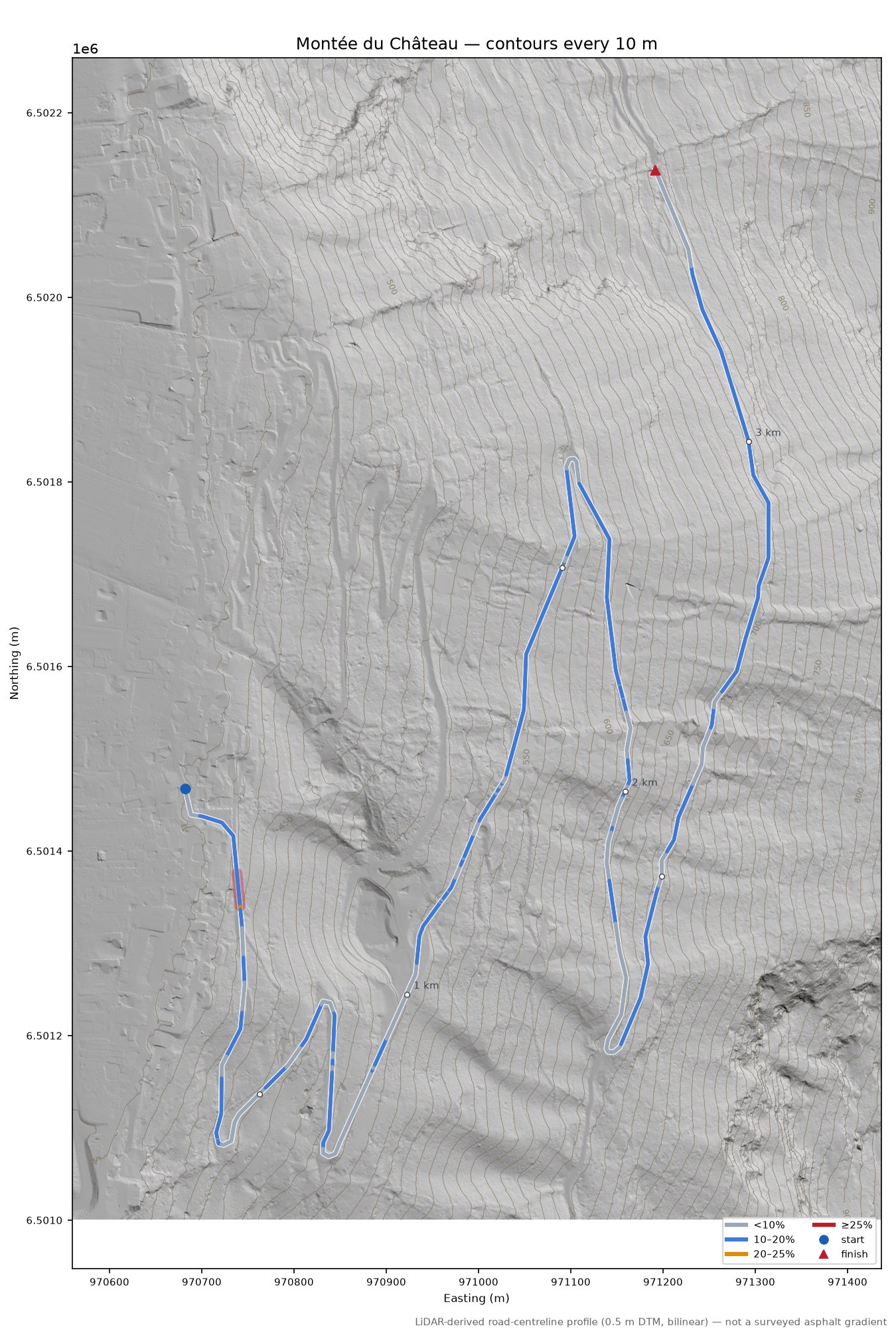 Montée du Château LiDAR hillshade map with contours