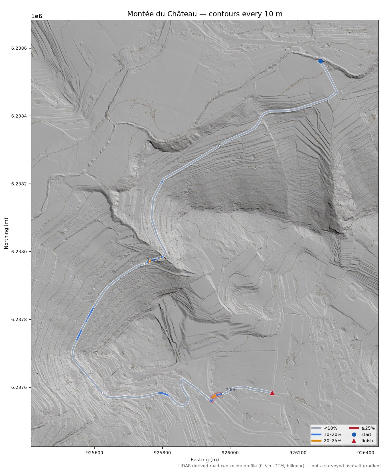 Montée du Château LiDAR hillshade map with contours