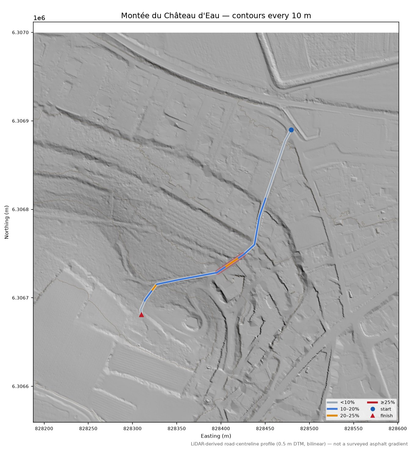Montée du Château d'Eau LiDAR hillshade map with contours