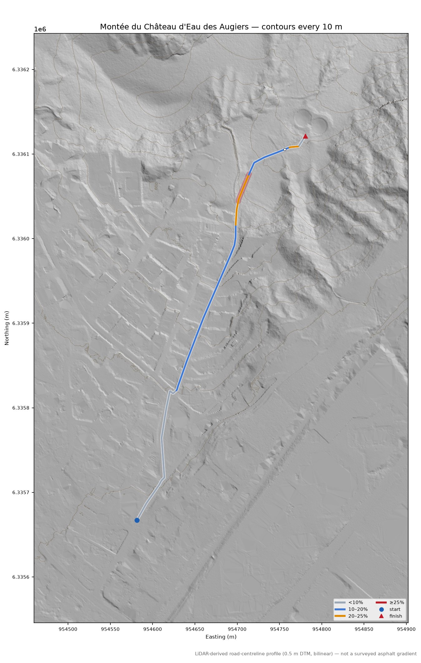 Montée du Château d'Eau des Augiers LiDAR hillshade map with contours
