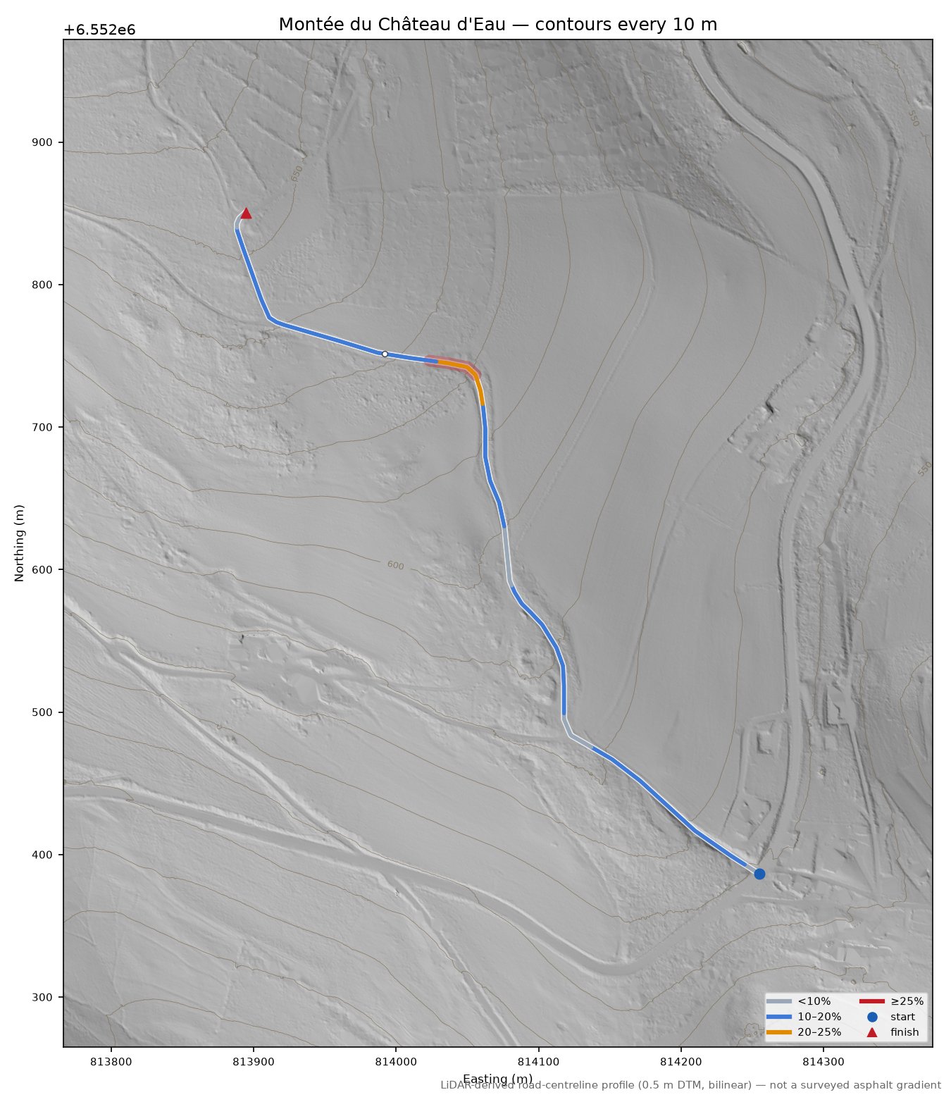 Montée du Château d'Eau LiDAR hillshade map with contours
