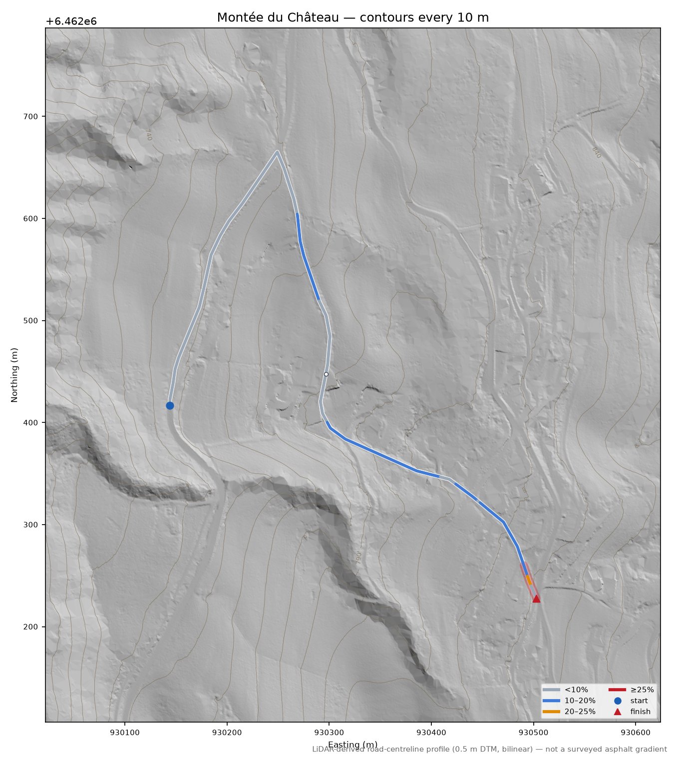 Montée du Château LiDAR hillshade map with contours