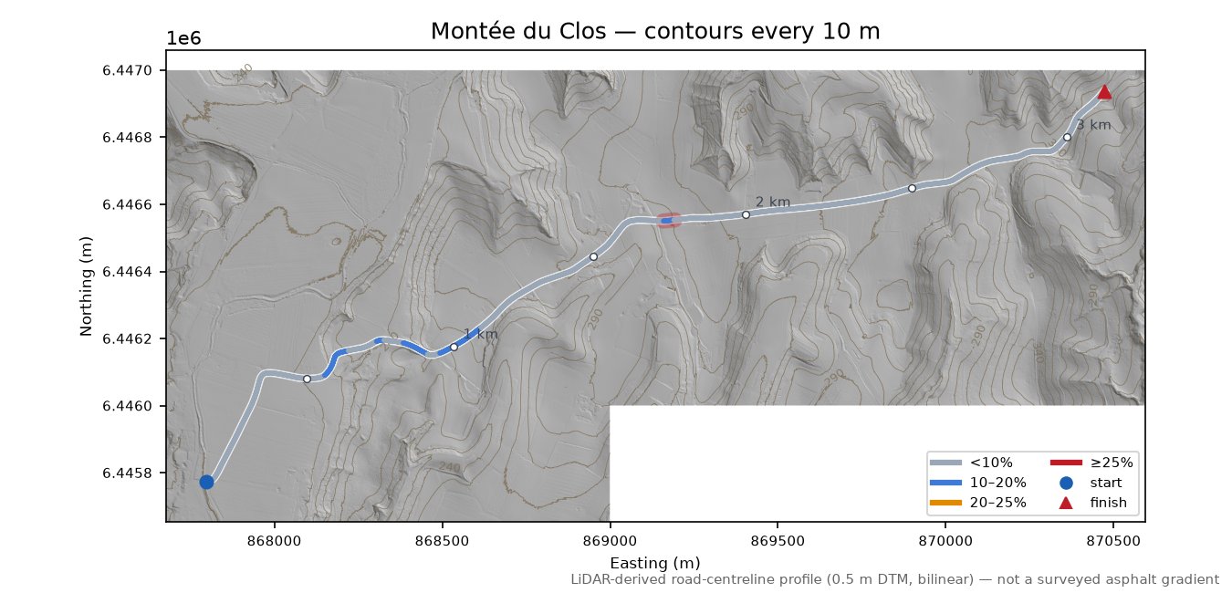 Montée du Clos LiDAR hillshade map with contours