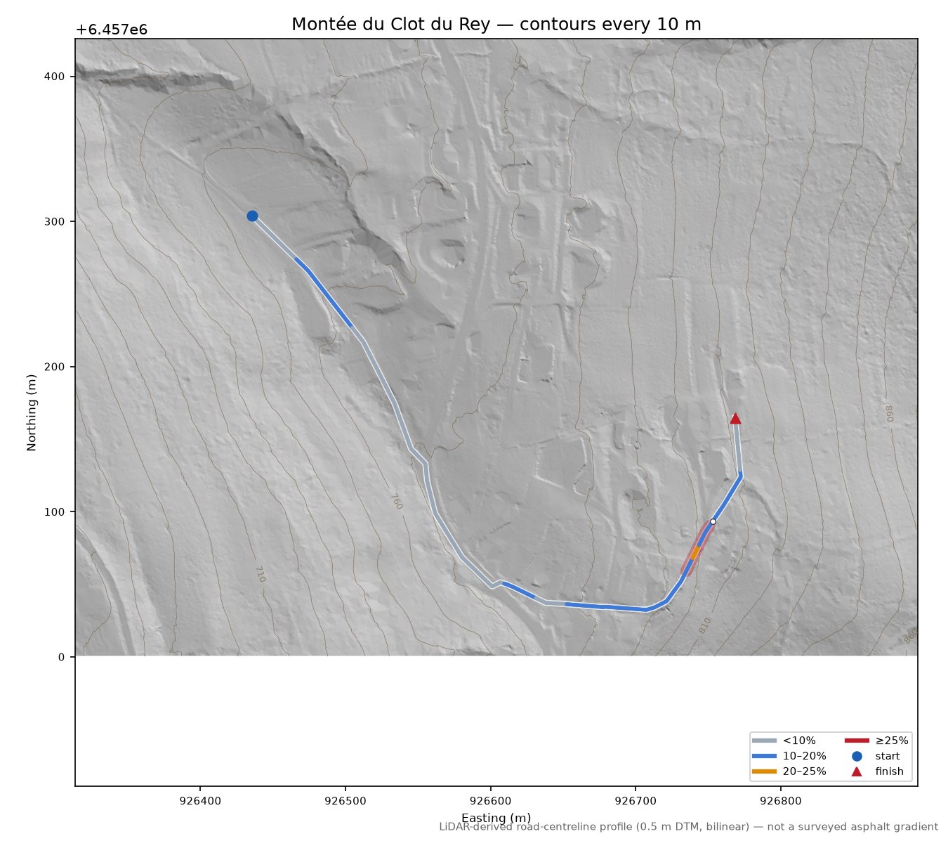 Montée du Clot du Rey LiDAR hillshade map with contours