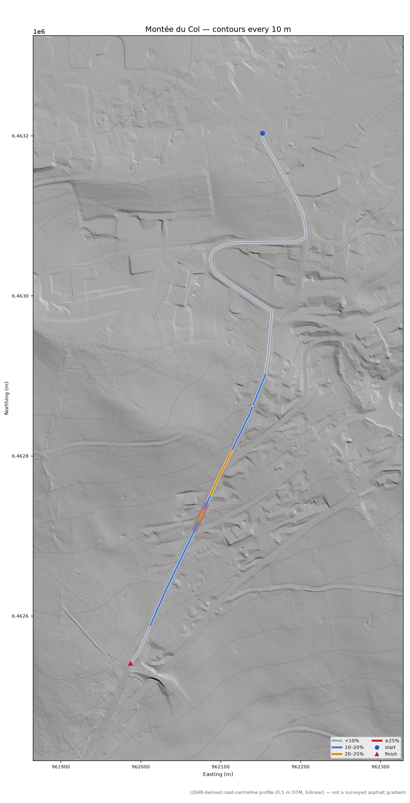 Montée du Col LiDAR hillshade map with contours