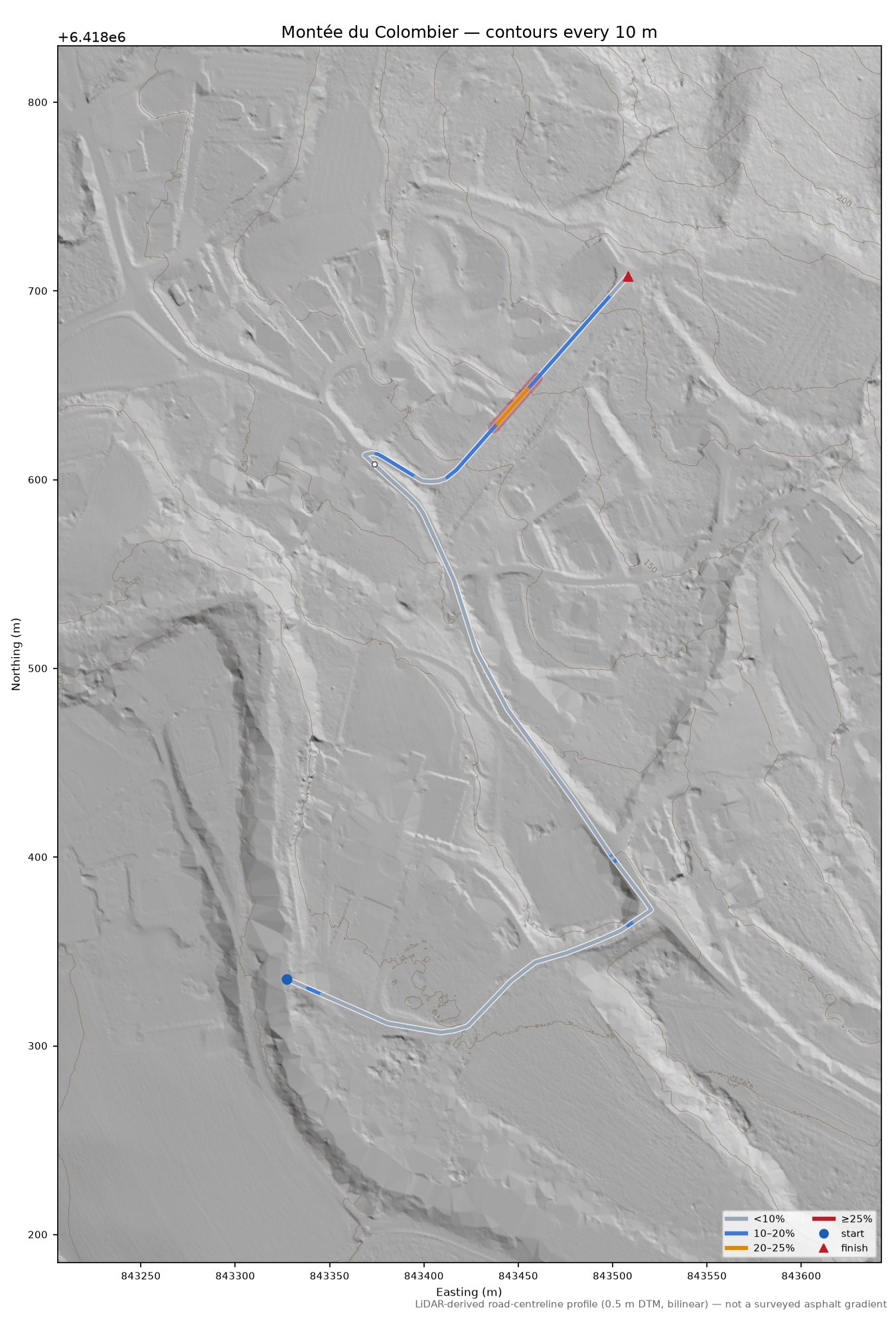 Montée du Colombier LiDAR hillshade map with contours