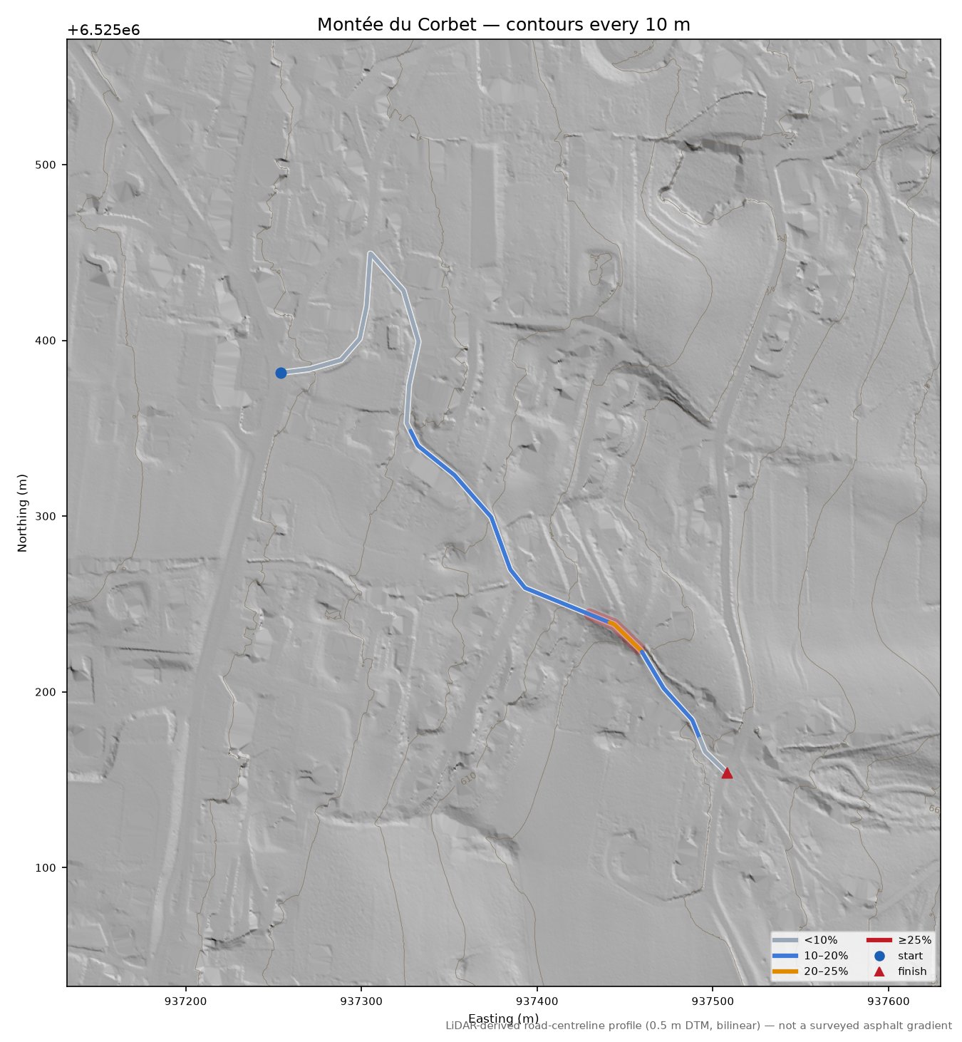 Montée du Corbet LiDAR hillshade map with contours