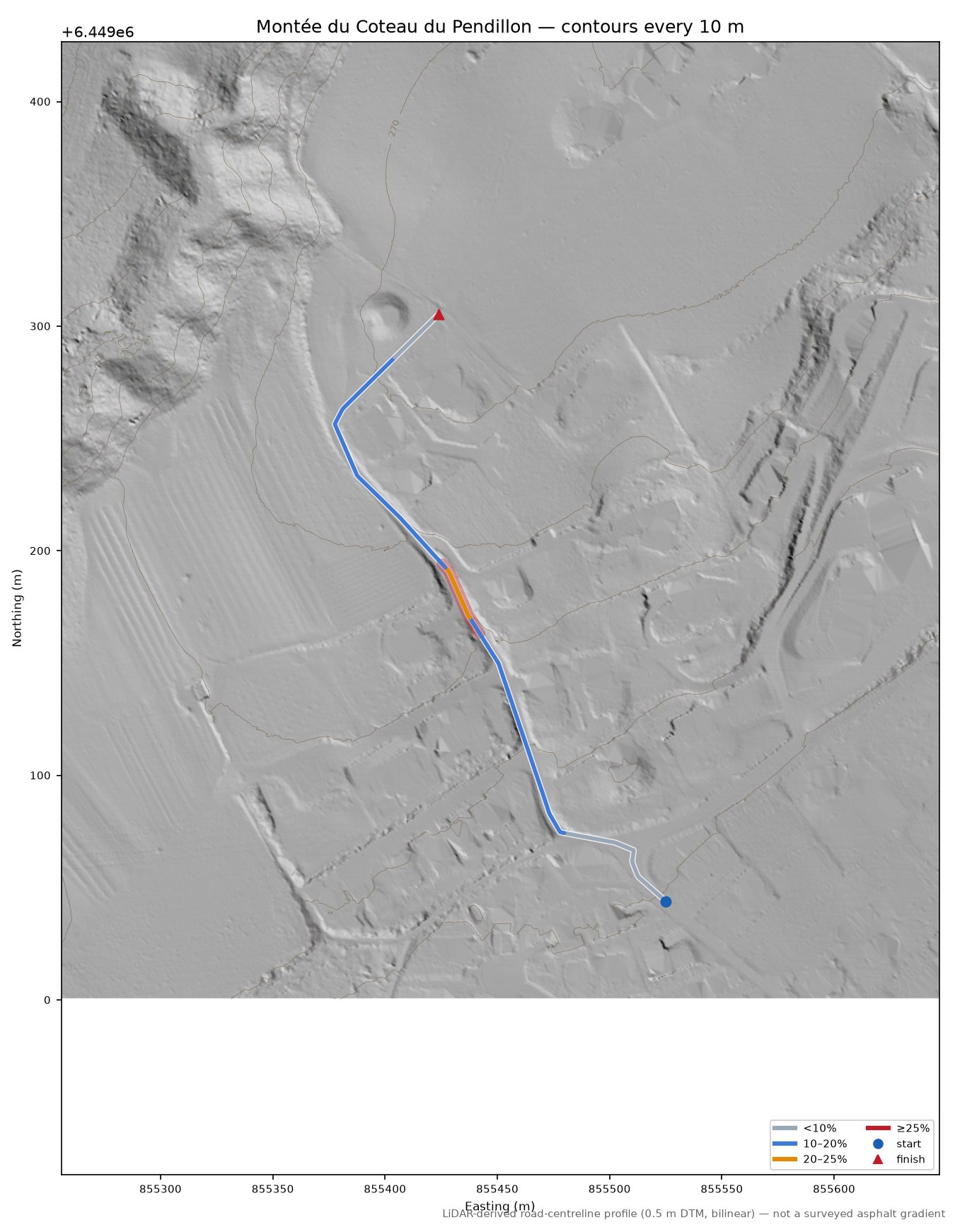 Montée du Coteau du Pendillon LiDAR hillshade map with contours